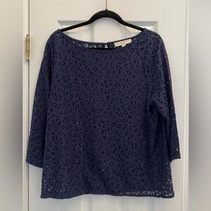 Loft Tops | Loft Navy Blue 3/4 Sleeve Unlined Crochet Lace Shirt, Size XL